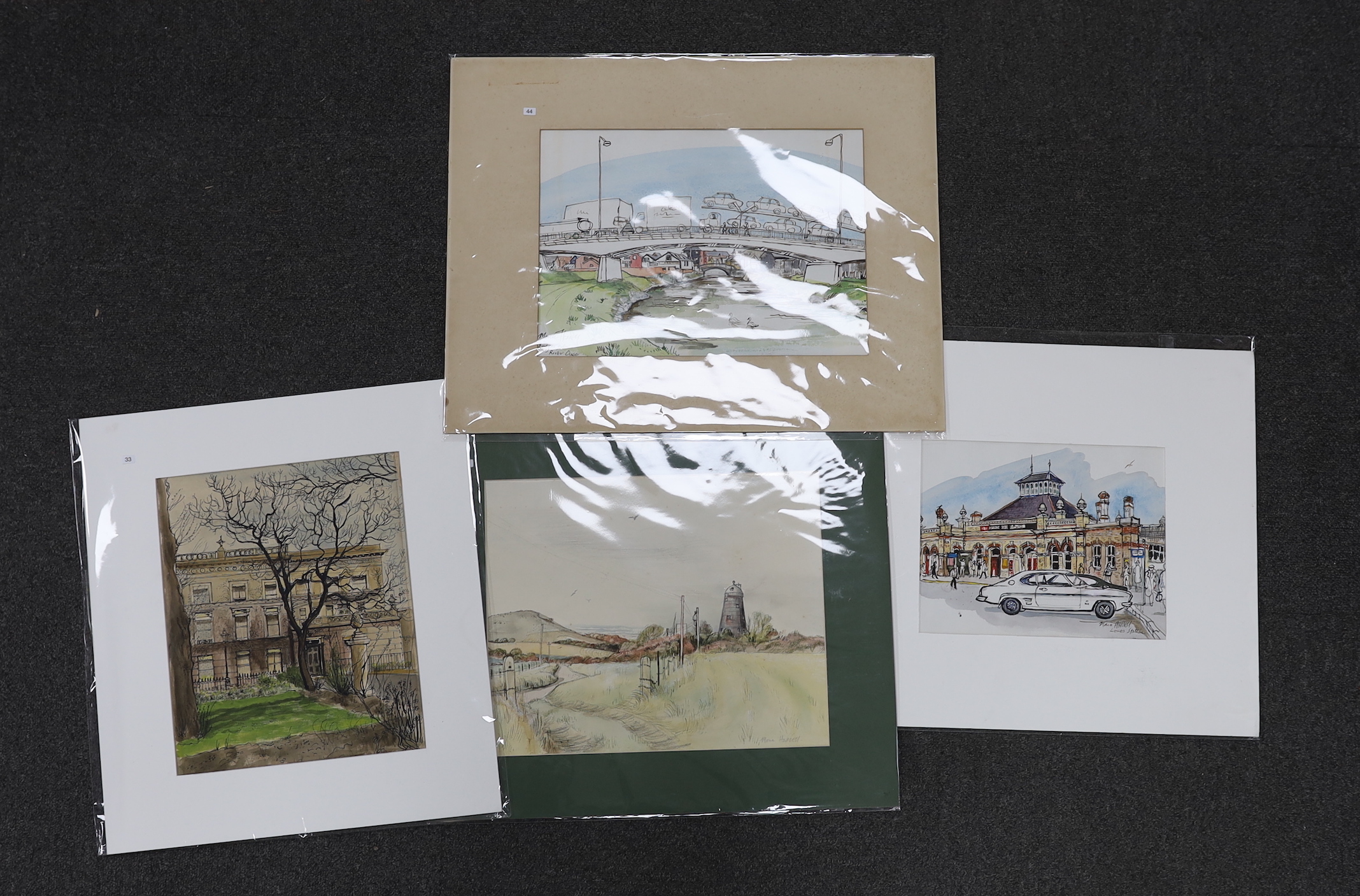 Moira Hoddell, four ink and watercolours, including Bridge over the river Ouse and Lewes Station, each signed, some with inscriptions, mounted, unframed, largest 24 x 34cm